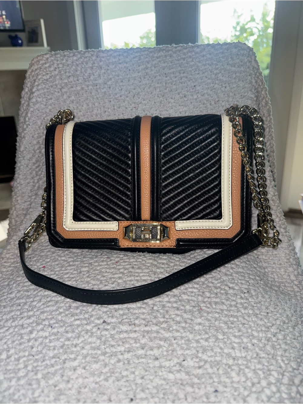 Rebecca Minkoff Black, Cream & Tan Quilted Chain Crossbody